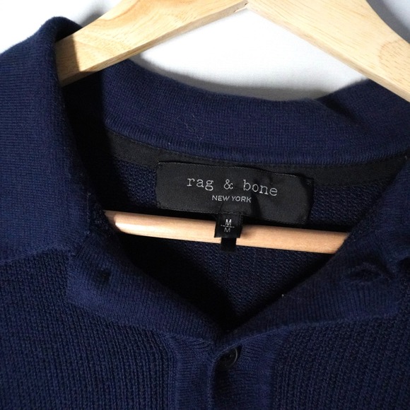 Rag Bone Men Navy Blue Ribbed Knit Short Sleeve Polo Shirt Size M Preppy Europe - Picture 5 of 9
